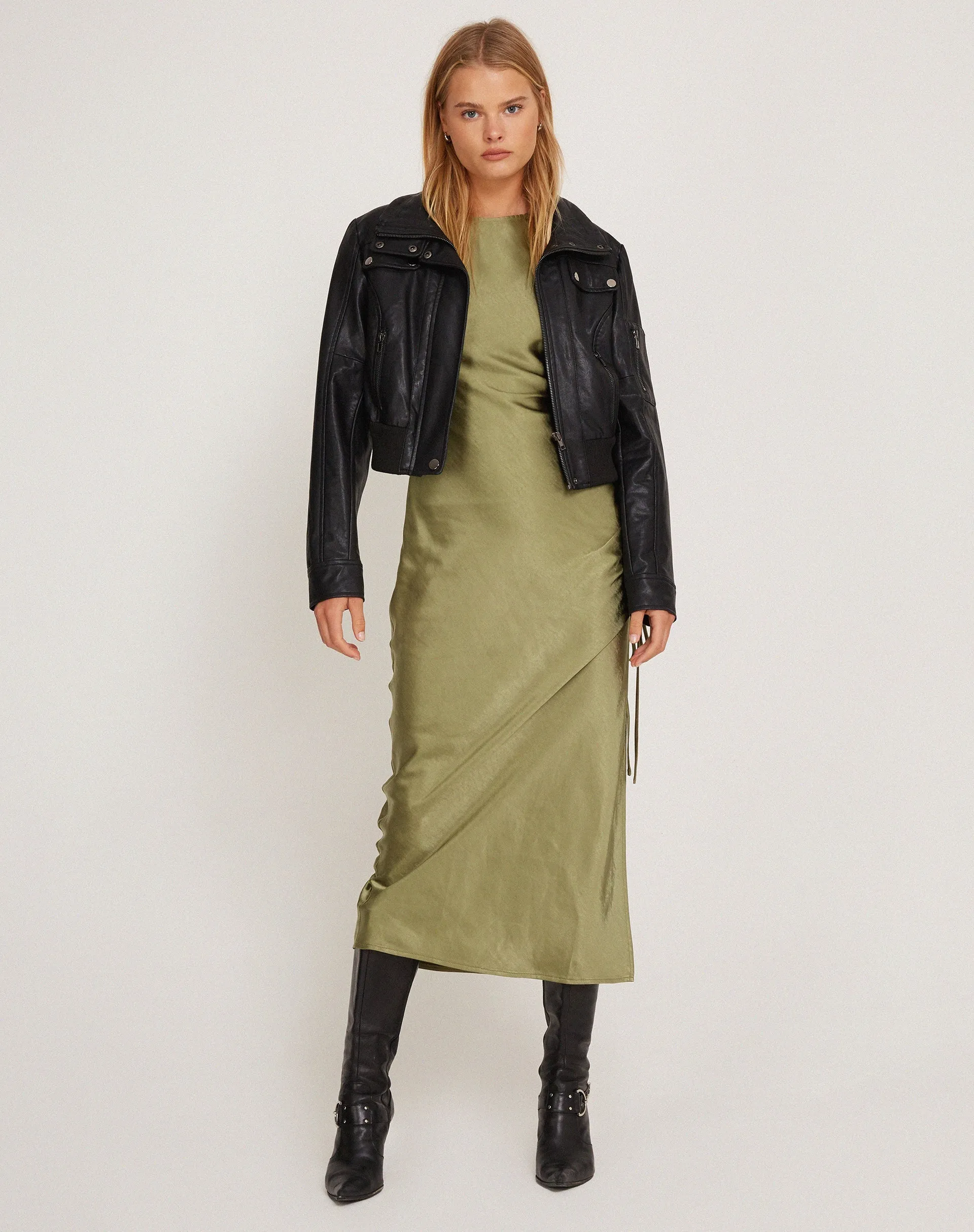Raybu Ruched Midi Dress in Satin Olive