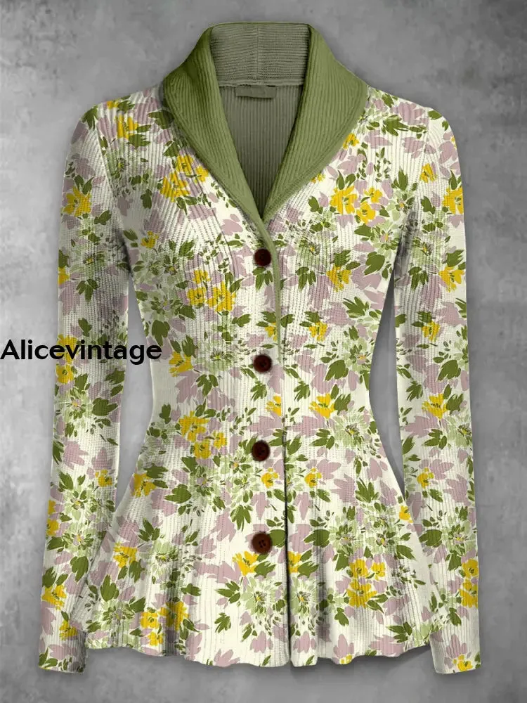 Retro Boho Floral Printed Elegant Lapel V-Neck Button Up Thick Knit Long-Sleeved Cardigan Top
