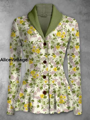 Retro Boho Floral Printed Elegant Lapel V-Neck Button Up Thick Knit Long-Sleeved Cardigan Top