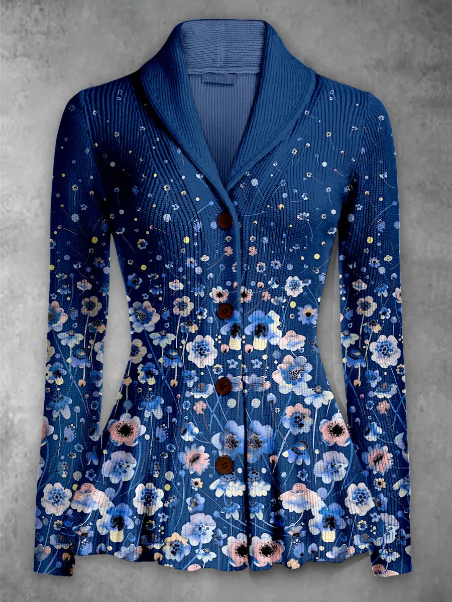 Retro Floral Art Printed Elegant Lapel V-Neck Button Up Thick Knit Long-Sleeved Cardigan Top