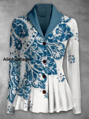 Retro Floral Print Vintage Elegant Lapel V-Neck Button Up Long Sleeve Top