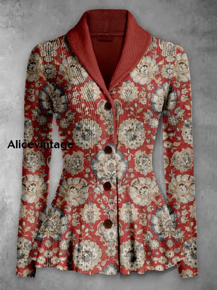 Retro Floral Print Vintage Elegant Lapel V-Neck Button Up Long Sleeve Top