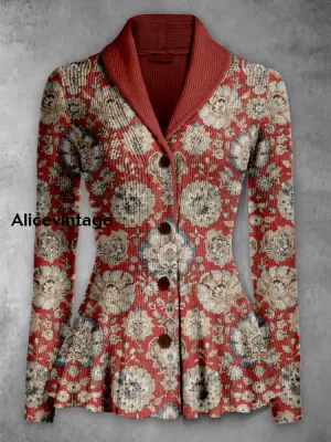 Retro Floral Print Vintage Elegant Lapel V-Neck Button Up Long Sleeve Top