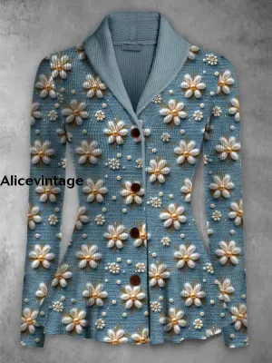 Retro Floral Printed Elegant Lapel V-Neck Button Up Thick Knit Long-Sleeved Cardigan Top