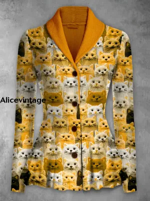 Retro Floral Printed Elegant Lapel V-Neck Button Up Thick Knit Long-Sleeved Cardigan Top
