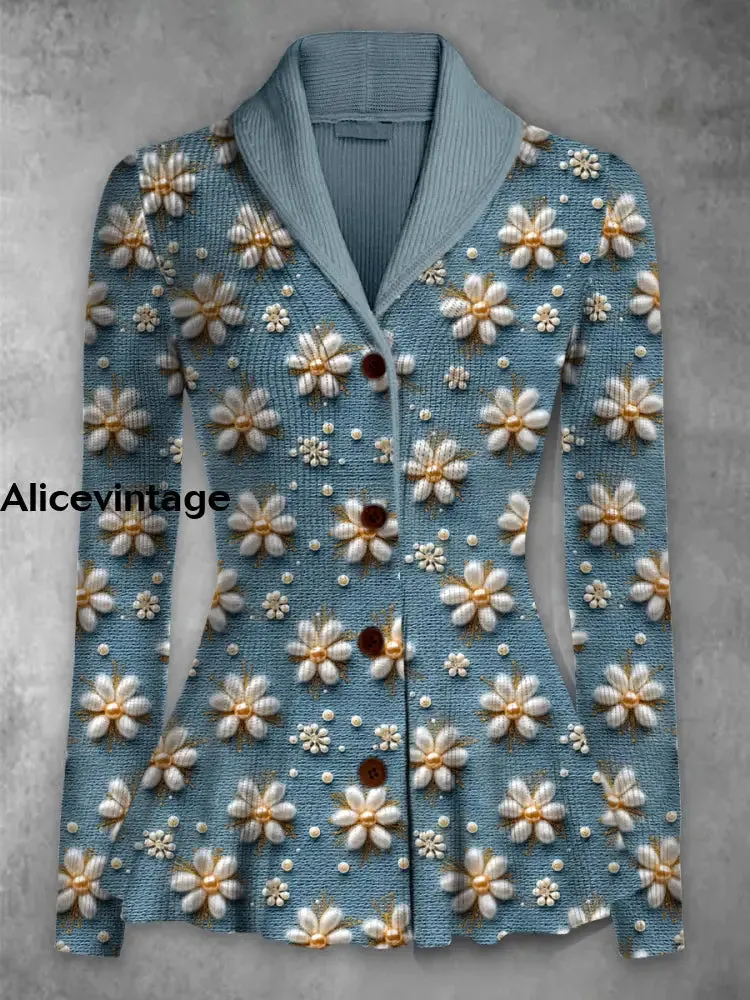 Retro Floral Printed Elegant Lapel V-Neck Button Up Thick Knit Long-Sleeved Cardigan Top