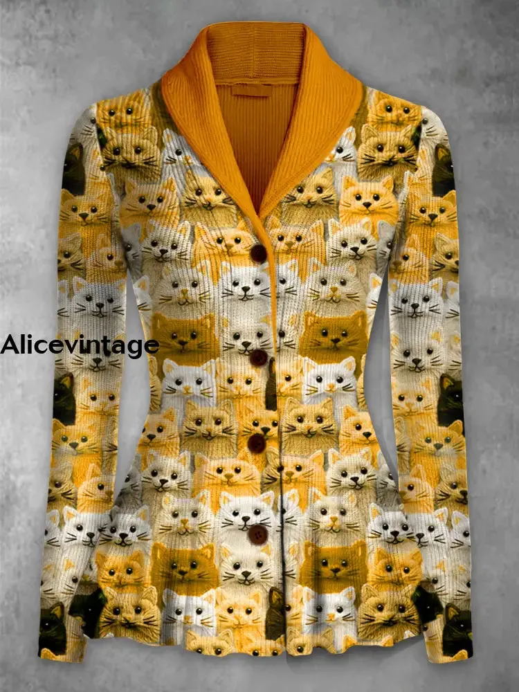 Retro Floral Printed Elegant Lapel V-Neck Button Up Thick Knit Long-Sleeved Cardigan Top