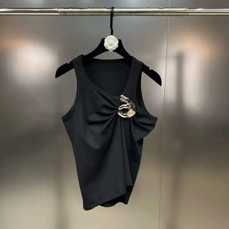 Round Neck Ruched Slim Tank Top with Brooch for Women