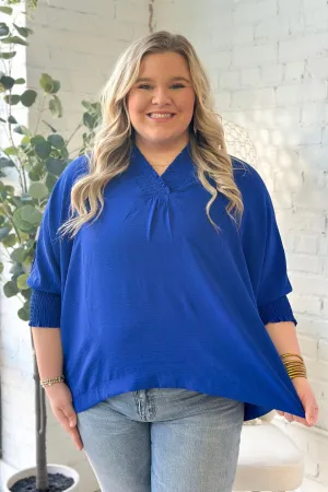 Royal Blue Scrunch Detail V-Neck Top