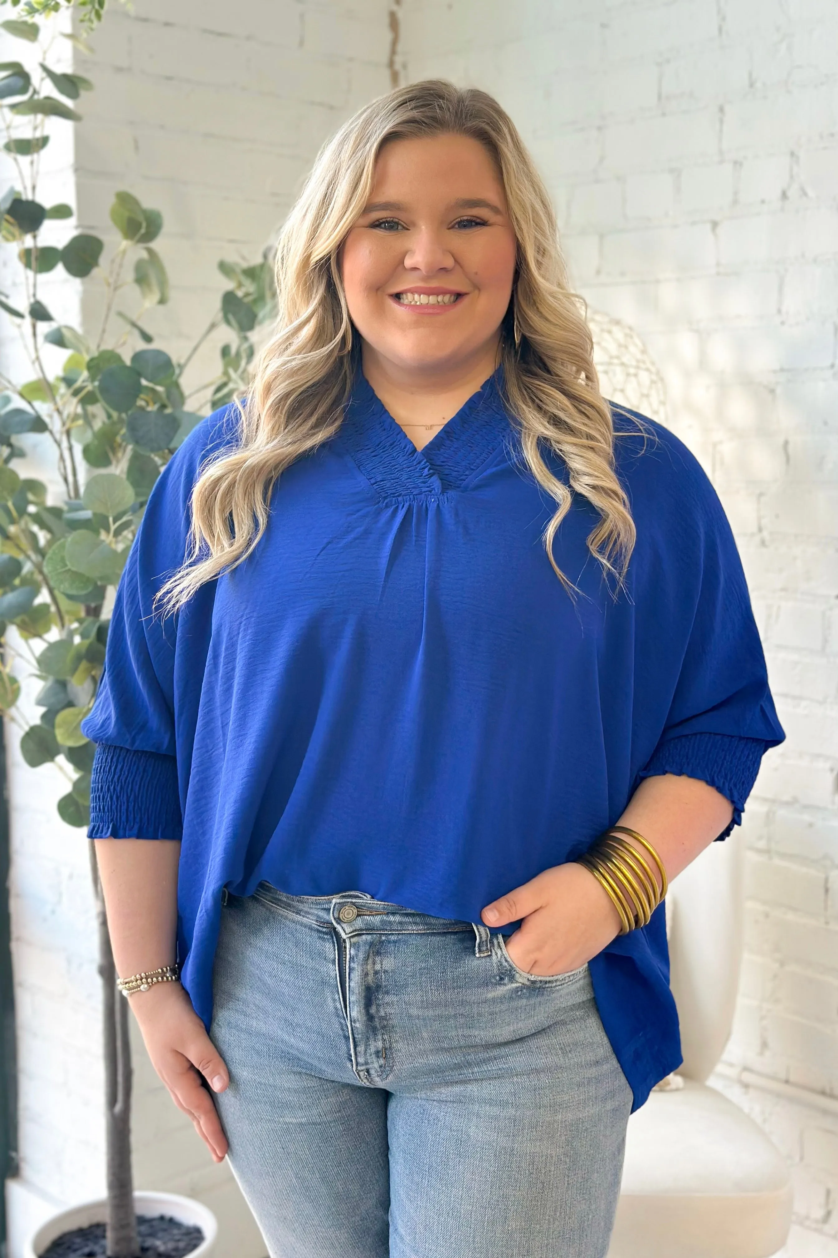 Royal Blue Scrunch Detail V-Neck Top