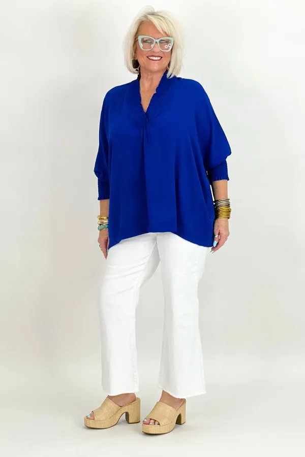 Royal Blue Scrunch Detail V-Neck Top