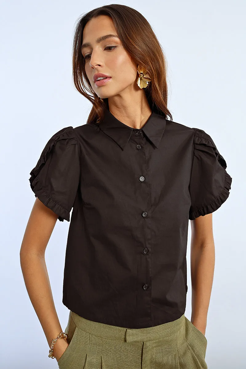Ruffle Detail S/S Shirt - Black
