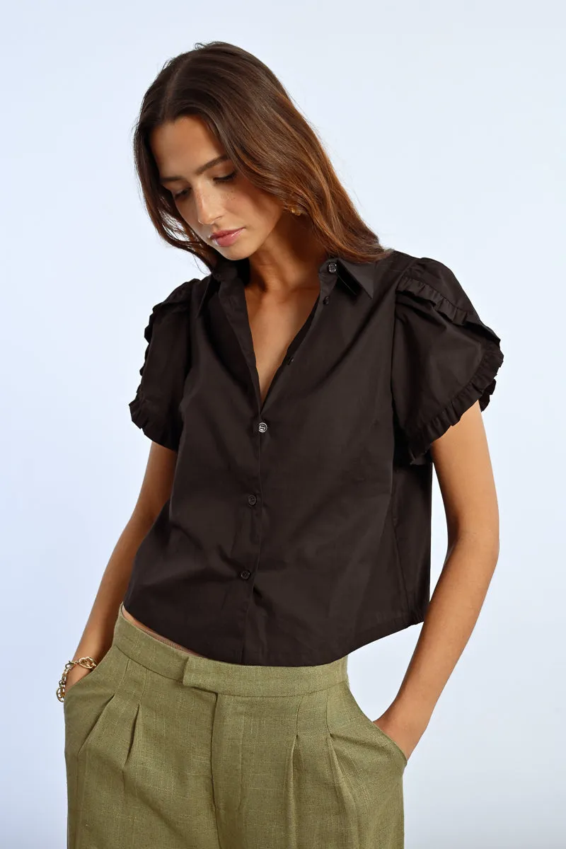 Ruffle Detail S/S Shirt - Black