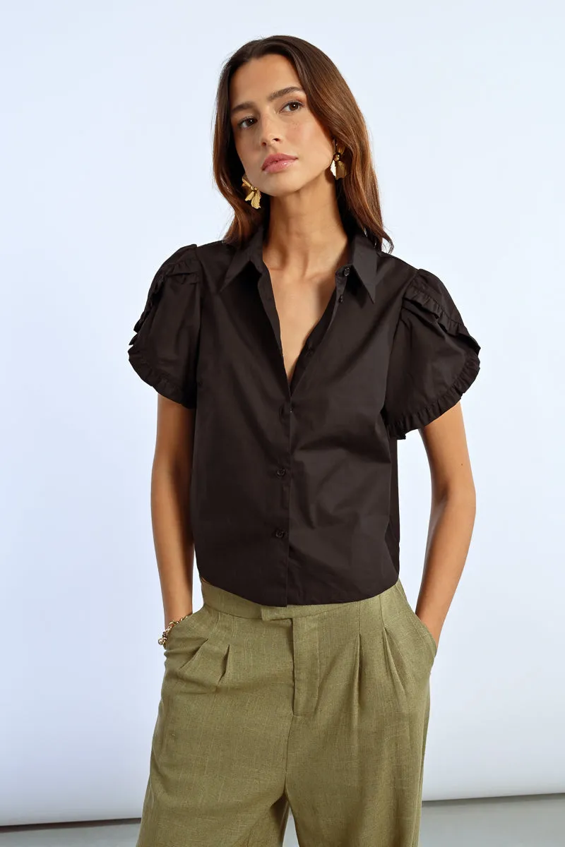 Ruffle Detail S/S Shirt - Black