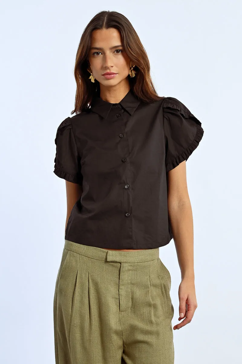 Ruffle Detail S/S Shirt - Black
