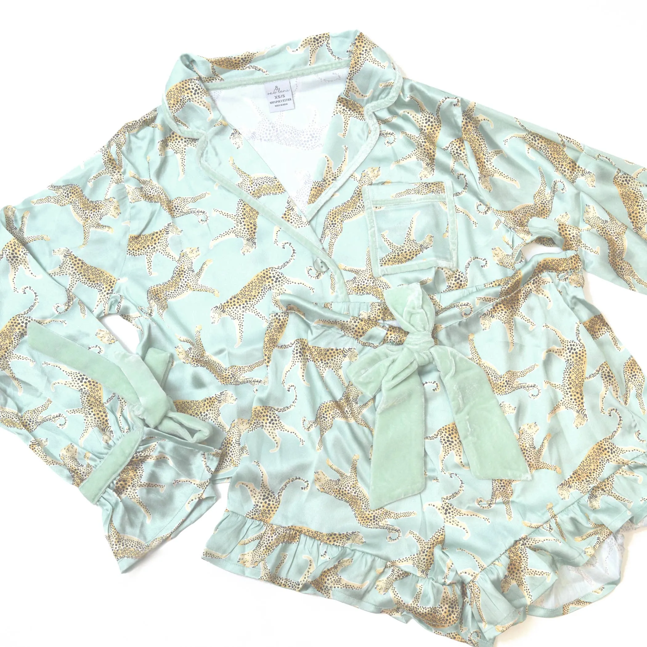 Sage Leopard Satin Ruffle Short PJ Set