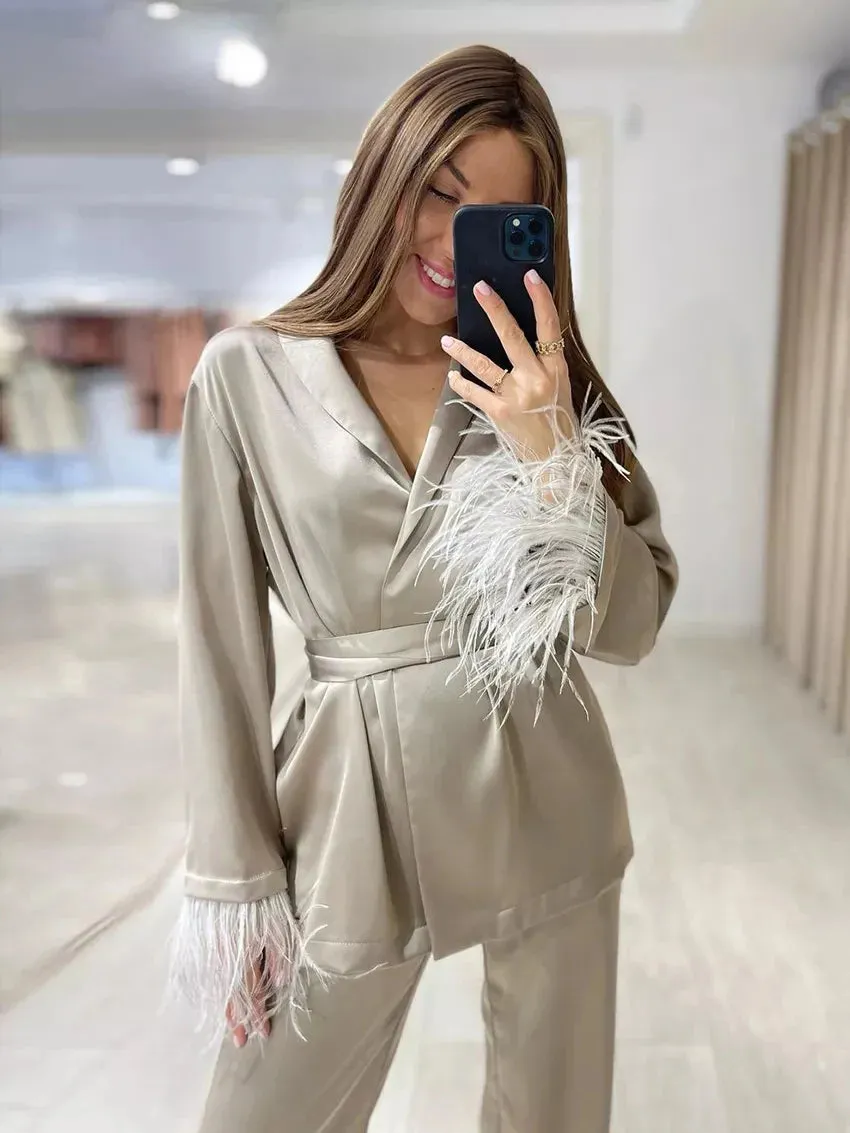 Satin Wide Pants Set Elegant