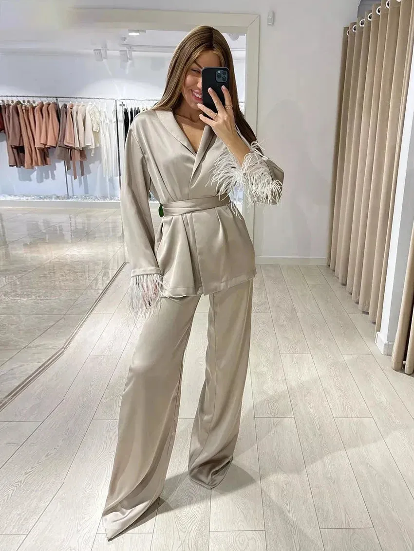 Satin Wide Pants Set Elegant