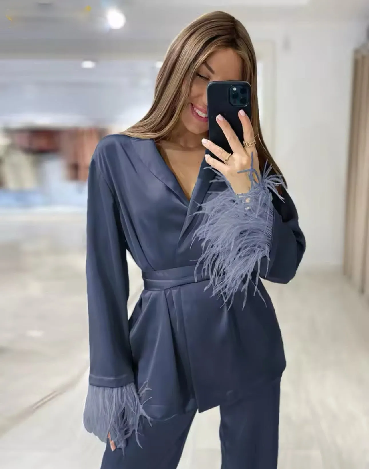 Satin Wide Pants Set Elegant