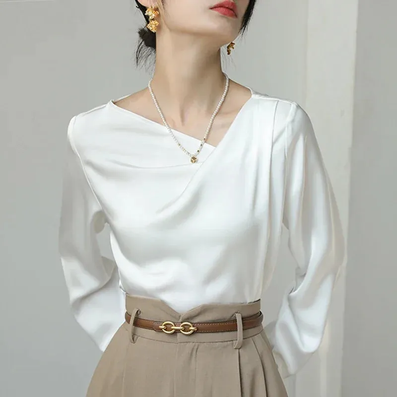 Satin Women's Shirts New Silk Solid Casual Blouses Loose Spring/Summer Ladies Clothing FASHION Long Sleeves White Tops