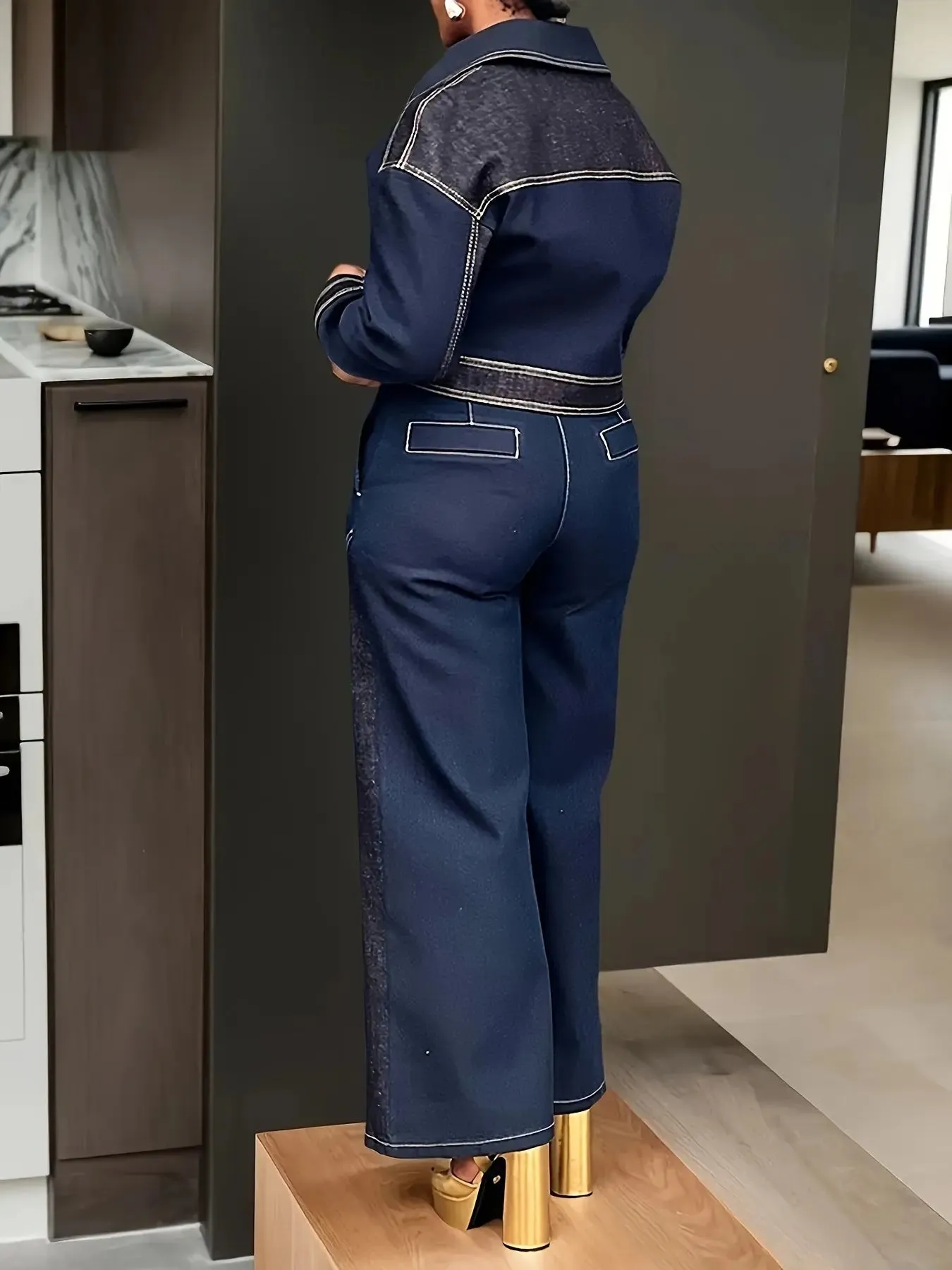 Solid Color Denim Elegant Casual Two-Piece Button- Lapel Denim Top Denim Straight-Leg Suit