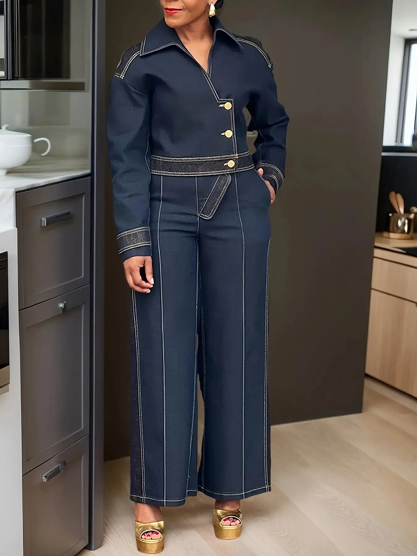 Solid Color Denim Elegant Casual Two-Piece Button- Lapel Denim Top Denim Straight-Leg Suit