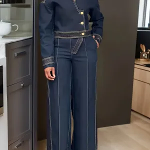 Solid Color Denim Elegant Casual Two-Piece Button- Lapel Denim Top Denim Straight-Leg Suit