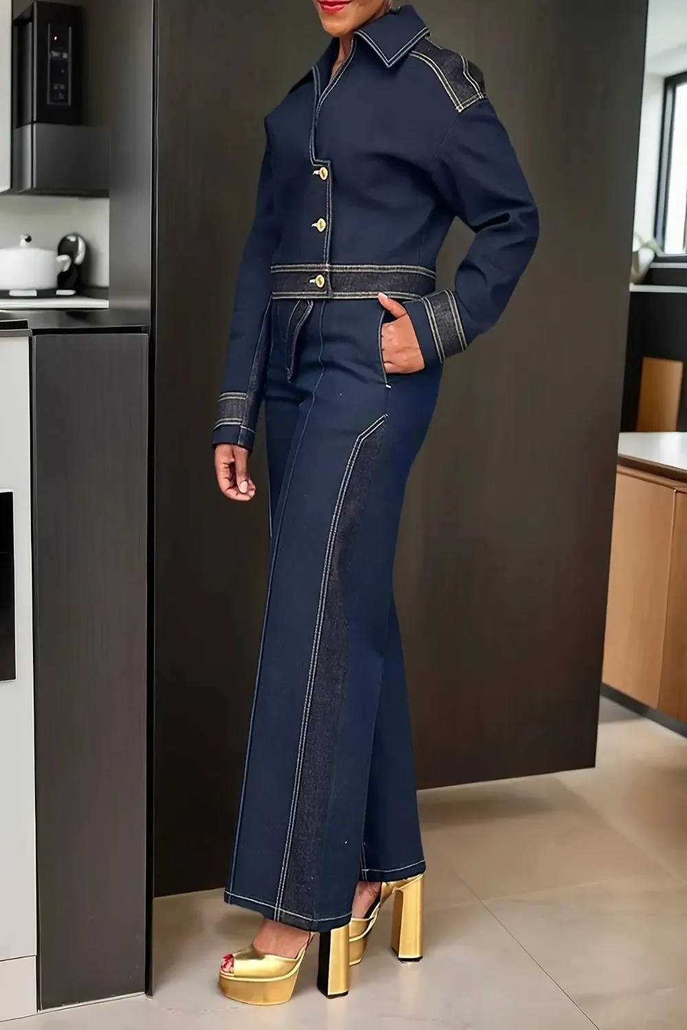 Solid Color Denim Elegant Casual Two-Piece Button- Lapel Denim Top Denim Straight-Leg Suit