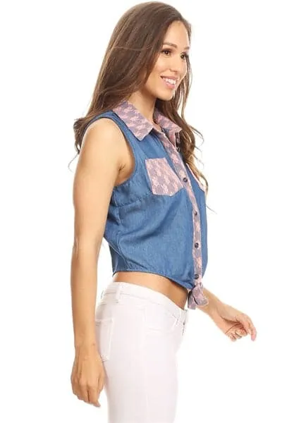 Solid Denim Sleeveless Button Down Crop Top Blue Pink - Pack of 6