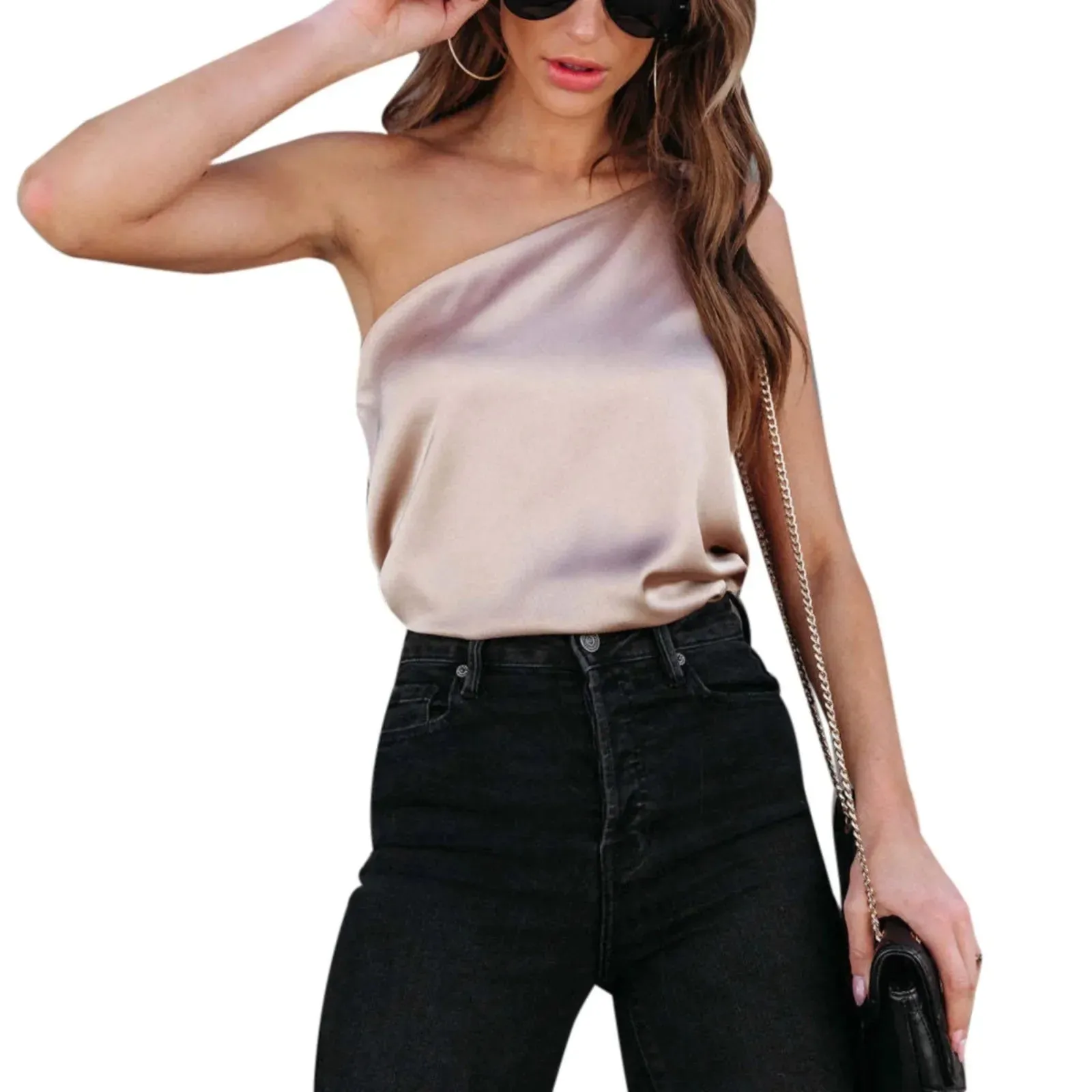 Summer Blouses For Women Fashion 2023 Sleeveless Satin Shirt Loose Casual Round Neck One Shoulder Camisole Camisas Y Blusas 블라우스