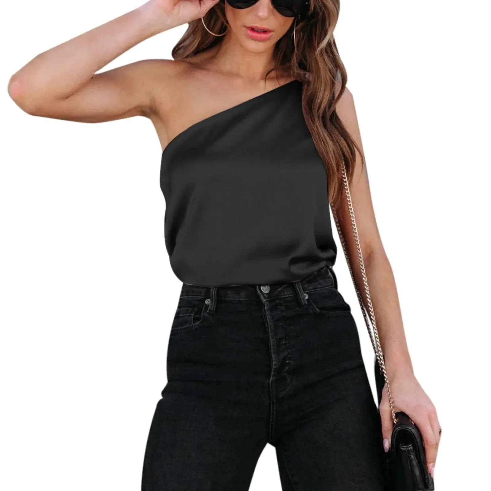 Summer Blouses For Women Fashion 2023 Sleeveless Satin Shirt Loose Casual Round Neck One Shoulder Camisole Camisas Y Blusas 블라우스