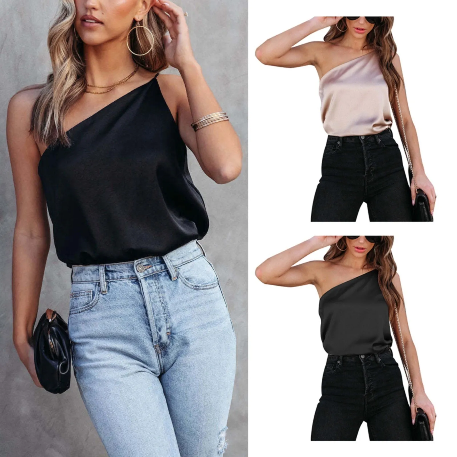 Summer Blouses For Women Fashion 2023 Sleeveless Satin Shirt Loose Casual Round Neck One Shoulder Camisole Camisas Y Blusas 블라우스