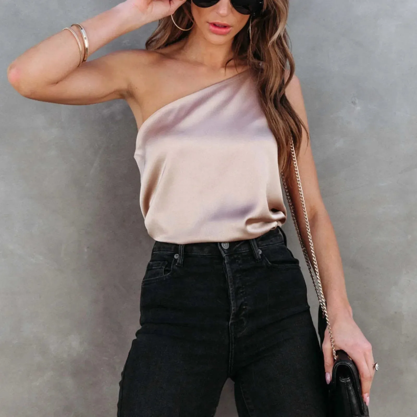 Summer Blouses For Women Fashion 2023 Sleeveless Satin Shirt Loose Casual Round Neck One Shoulder Camisole Camisas Y Blusas 블라우스