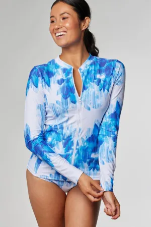 Sustainable Women's rashie in Blurred Floral White& Blue