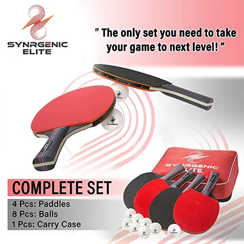 Synrgenic Table Tennis Paddle Set - 4 Professional Ping Pong Rackets, 8 Professional ITTF Game Balls, Foldable Scorecard, and Portable Cover Bag - Ergonomic Wooden Bats for Powerful Speed and Spin