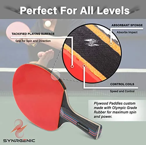 Synrgenic Table Tennis Paddle Set - 4 Professional Ping Pong Rackets, 8 Professional ITTF Game Balls, Foldable Scorecard, and Portable Cover Bag - Ergonomic Wooden Bats for Powerful Speed and Spin