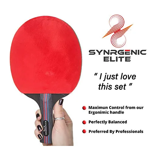 Synrgenic Table Tennis Paddle Set - 4 Professional Ping Pong Rackets, 8 Professional ITTF Game Balls, Foldable Scorecard, and Portable Cover Bag - Ergonomic Wooden Bats for Powerful Speed and Spin