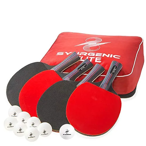Synrgenic Table Tennis Paddle Set - 4 Professional Ping Pong Rackets, 8 Professional ITTF Game Balls, Foldable Scorecard, and Portable Cover Bag - Ergonomic Wooden Bats for Powerful Speed and Spin