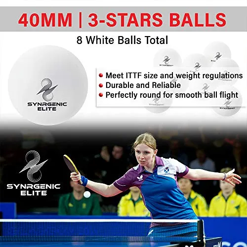 Synrgenic Table Tennis Paddle Set - 4 Professional Ping Pong Rackets, 8 Professional ITTF Game Balls, Foldable Scorecard, and Portable Cover Bag - Ergonomic Wooden Bats for Powerful Speed and Spin
