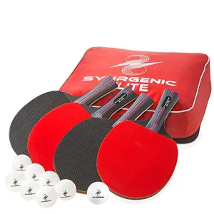 Synrgenic Table Tennis Paddle Set - 4 Professional Ping Pong Rackets, 8 Professional ITTF Game Balls, Foldable Scorecard, and Portable Cover Bag - Ergonomic Wooden Bats for Powerful Speed and Spin