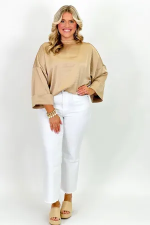 Taupe High Neck Short Sleeve Top