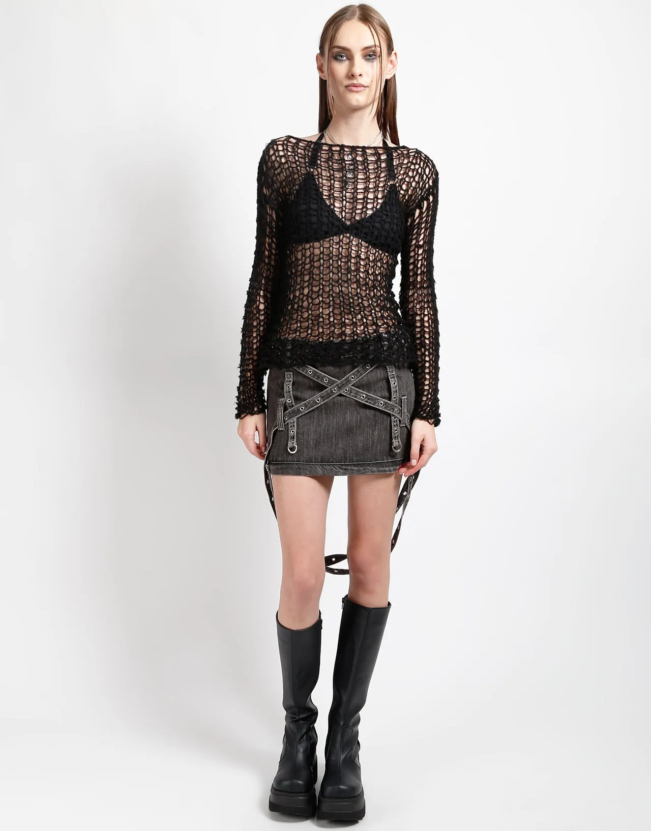 TRIPLE ZIP OFF SKIRT BLACK DENIM
