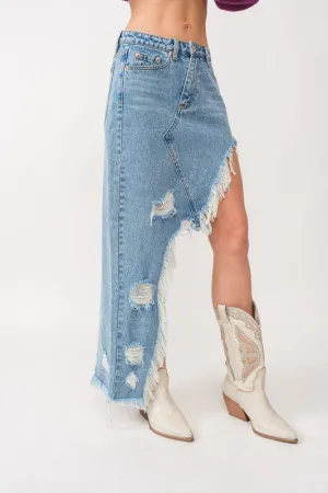 Uneven distressed denim skirt