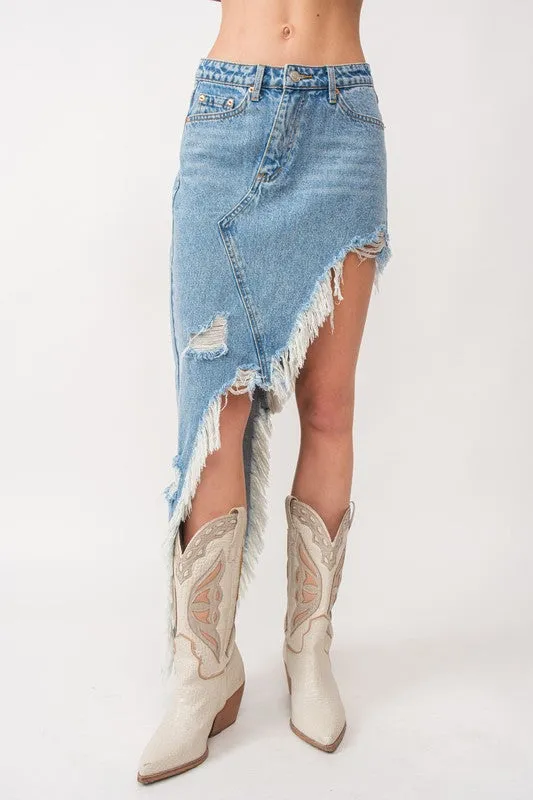 Uneven distressed denim skirt