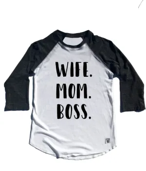 Unisex Baseball Tri-Blend T-Shirt Wife Mom Boss 3-Line Text - Funny Mom Shirt - Mom T Shirt