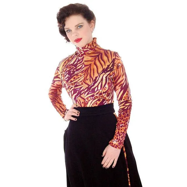 Vintage Body Suit 1970s  Animal Print Polyester Long Sleeves Zip Front Periphery 12