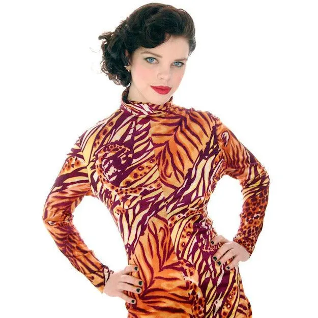Vintage Body Suit 1970s  Animal Print Polyester Long Sleeves Zip Front Periphery 12