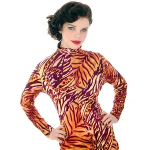 Vintage Body Suit 1970s  Animal Print Polyester Long Sleeves Zip Front Periphery 12