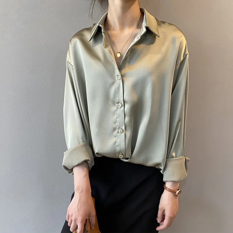 Vintage Fashion Silk Shirt Long Sleeve Loose Fit Blouse