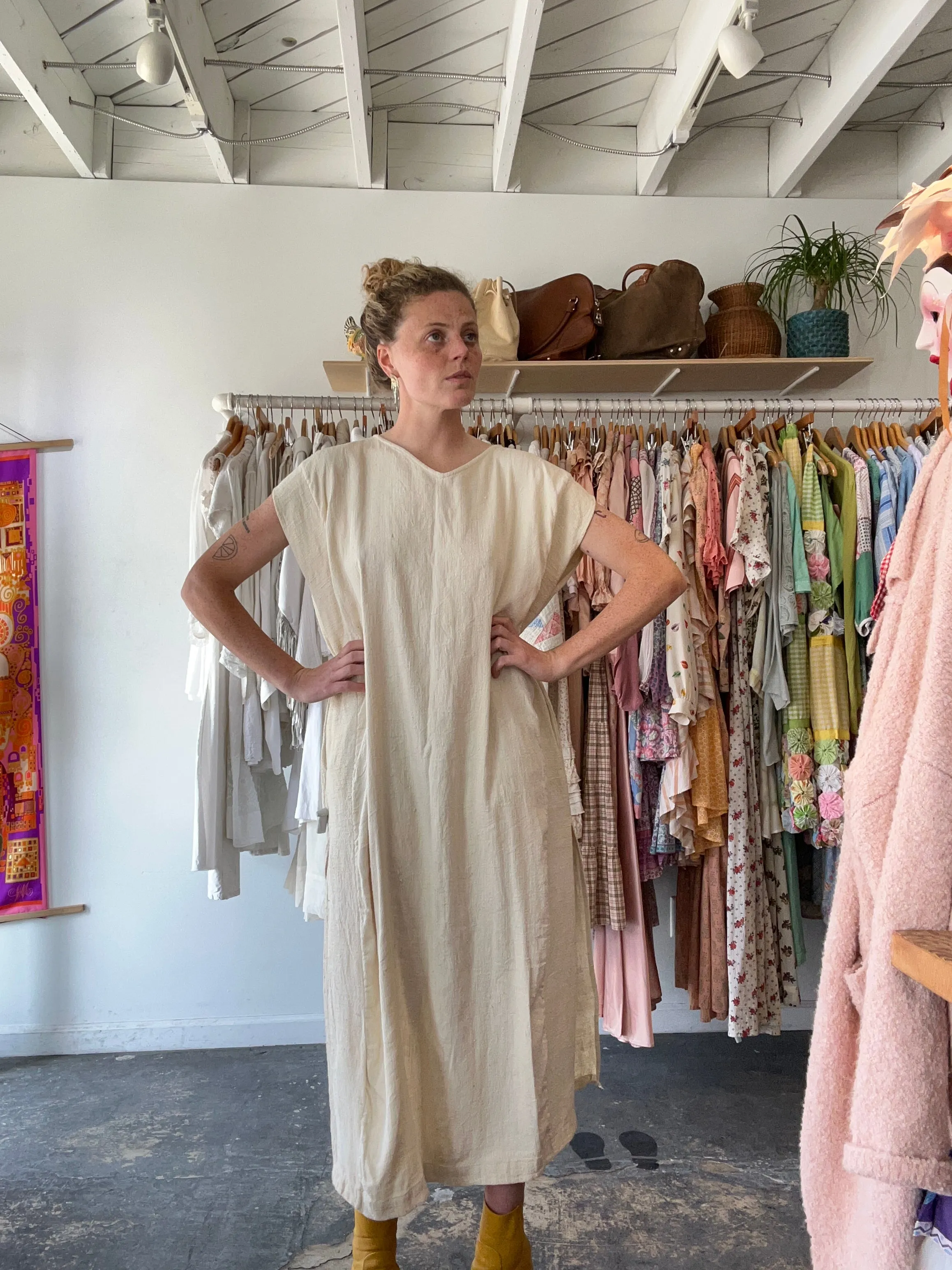 Vintage Tan Raw Silk Kaftan-Style Dress